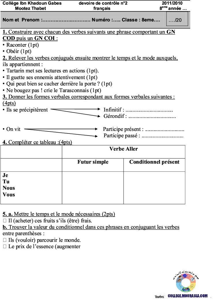 فرض مراقبة سنة الثامنة في الفرنسية الثلاثي الثاني