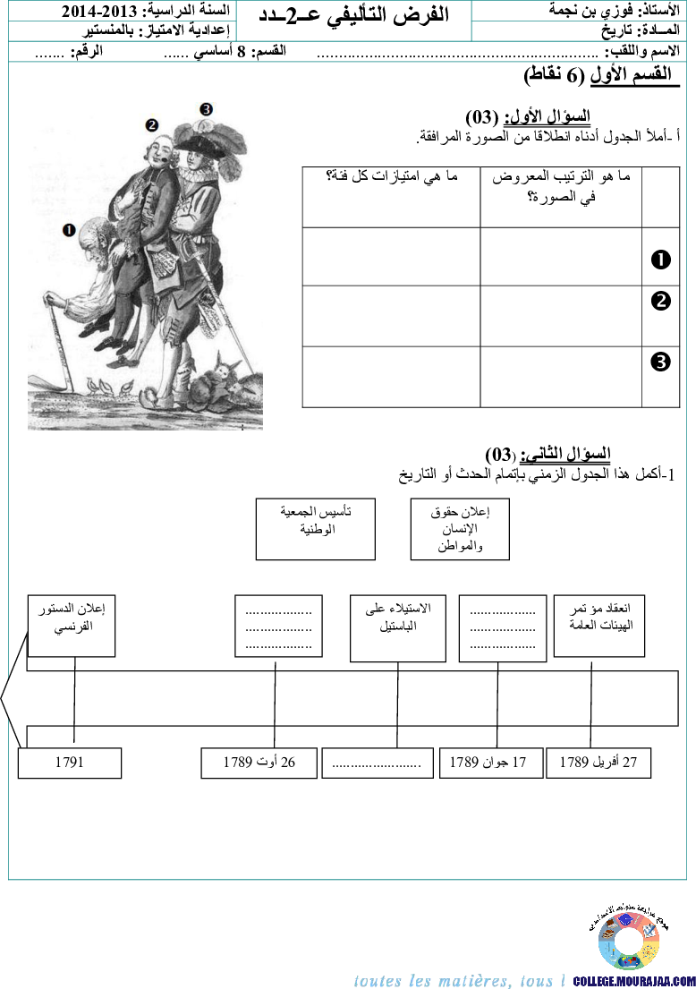 فرض تأليفي سنة الثامنة في التاريخ الثلاثي الثاني