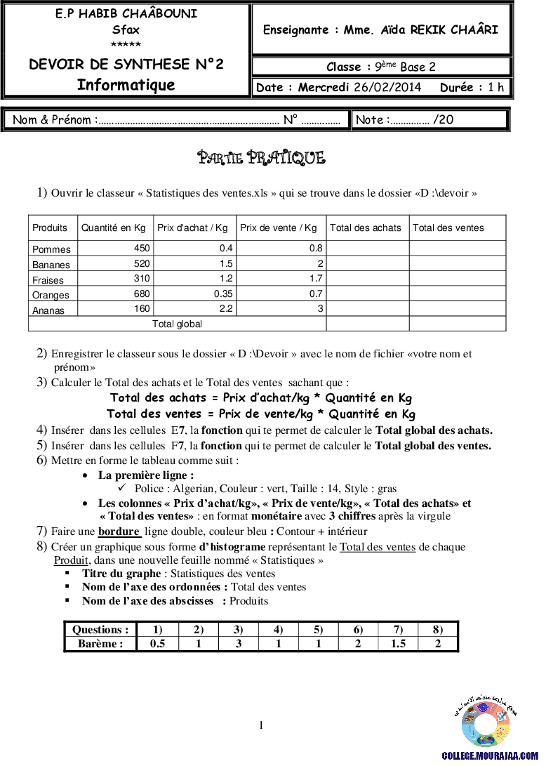 فرض تأليفي سنة التاسعة في الاعلامية الثلاثي الثاني