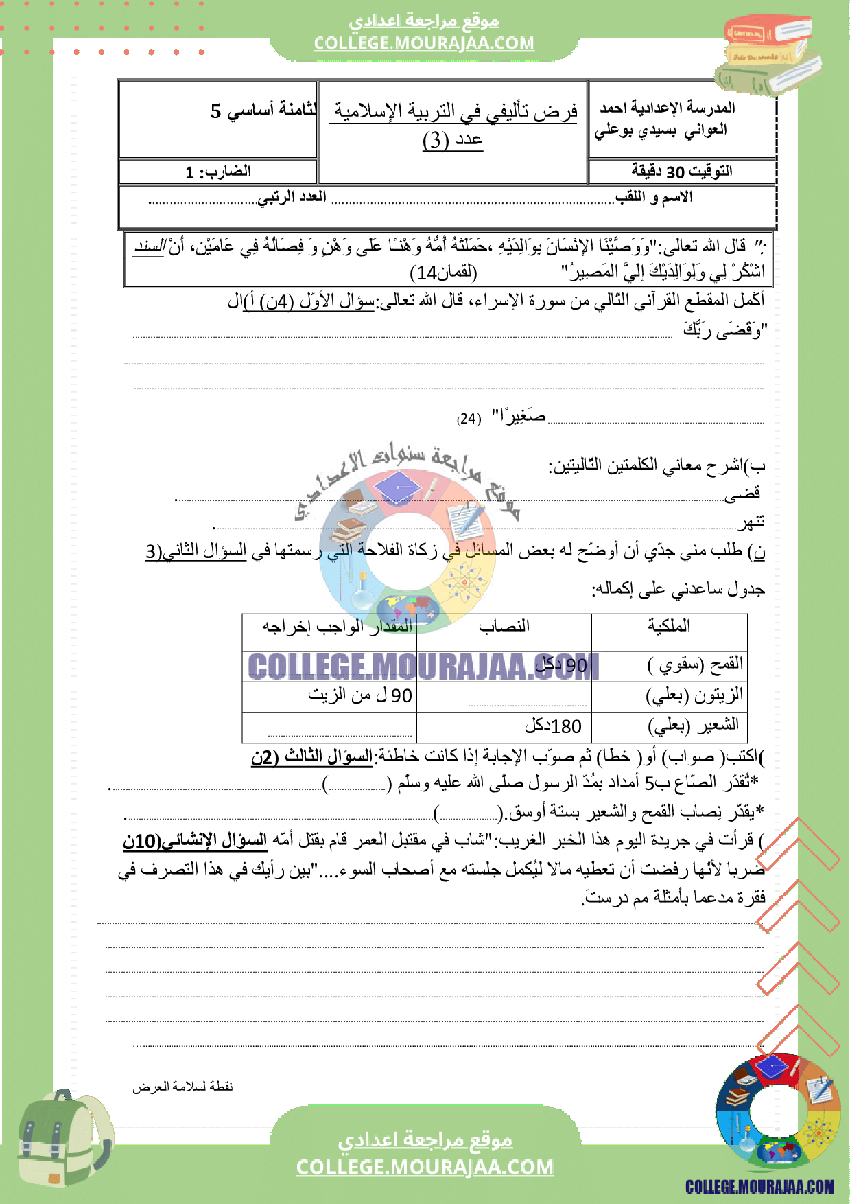 فرض تاليفي اسلامية سنة 8 الثلاثي الثالث