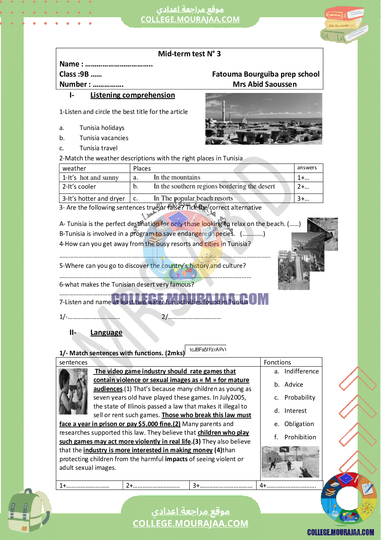 english mid term test 3 9th