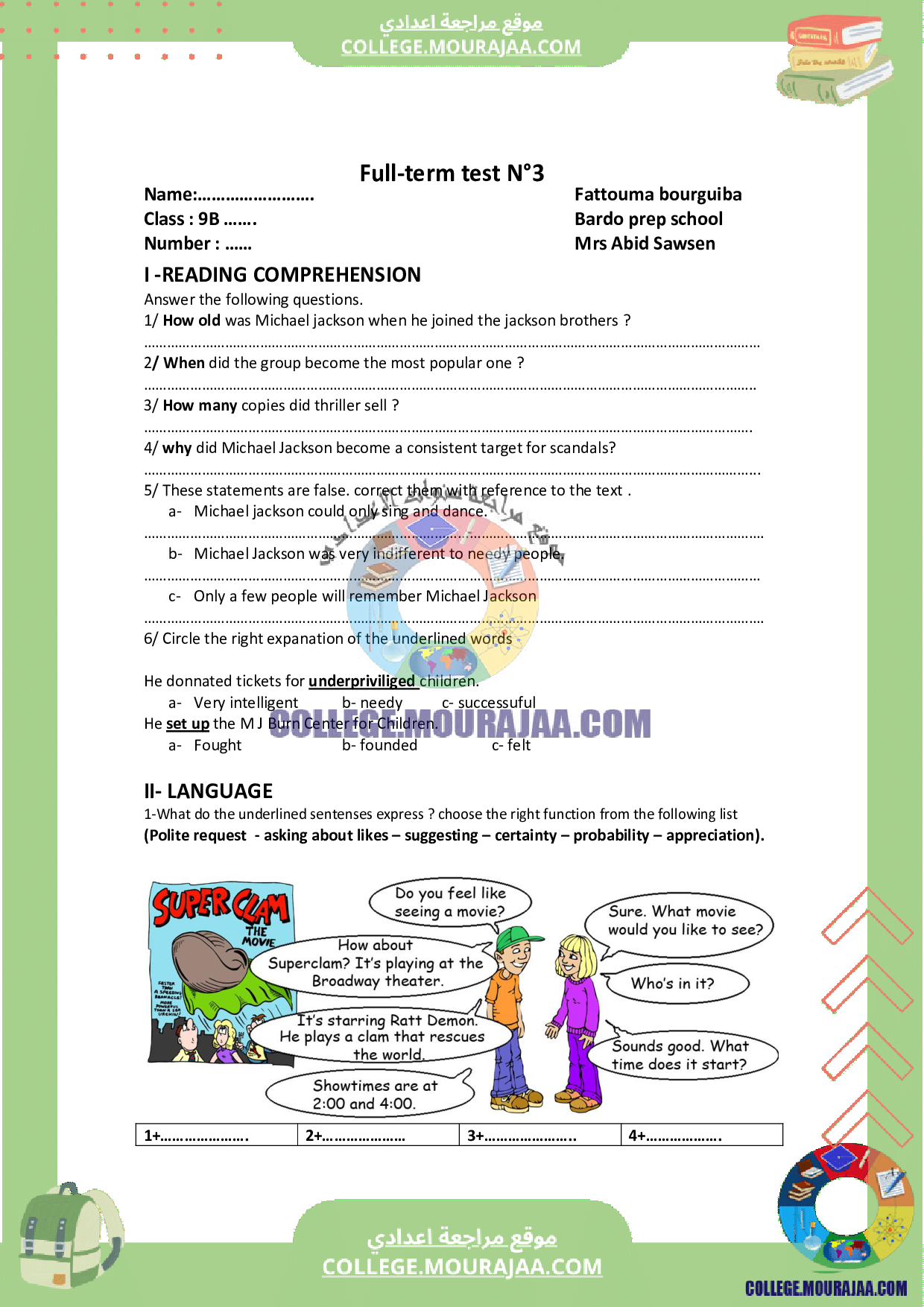 devoir de synthese anglais 3eme trimestre 9eme