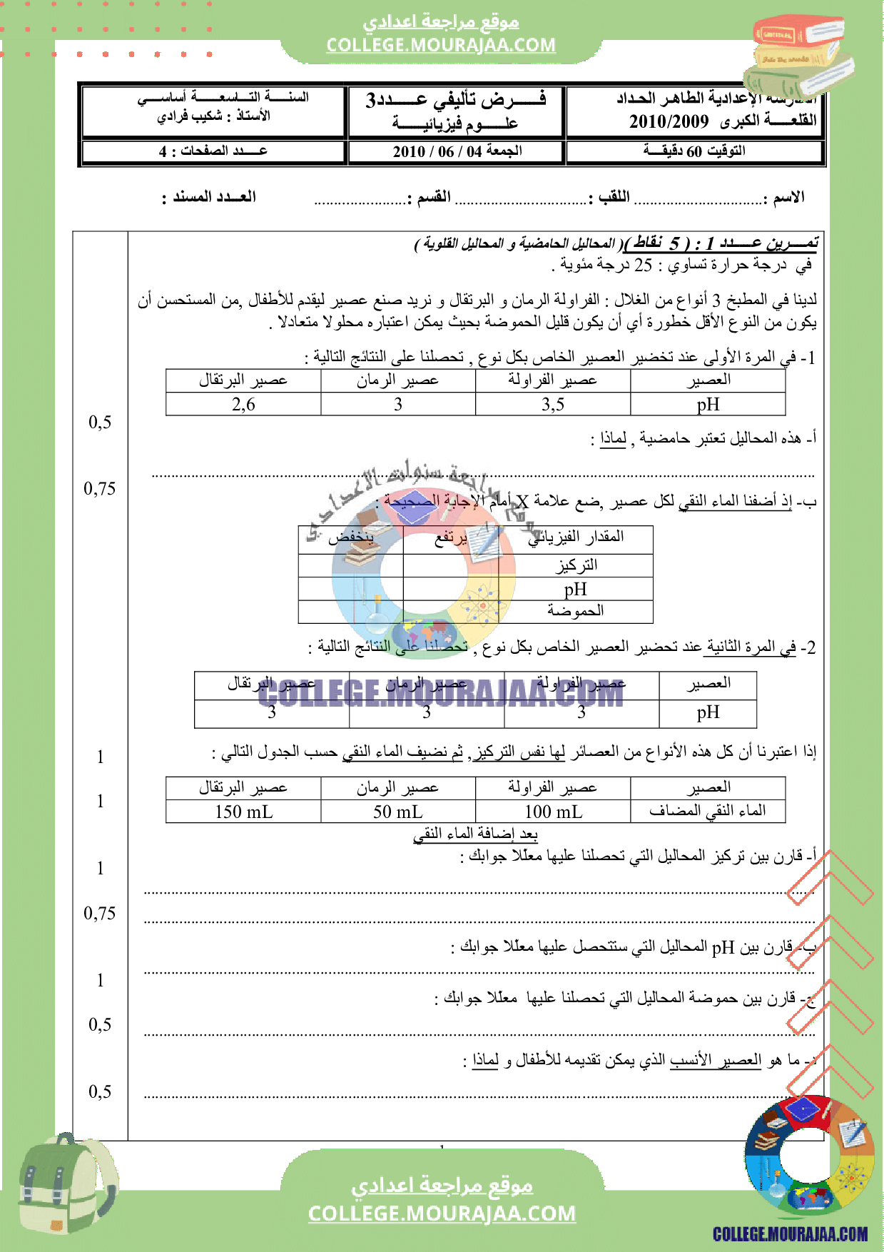 فرض تاليفي فيزياء الثلاثي الثالث تاسعة اساسي