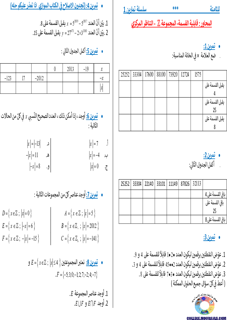 تمارين قابلية القسمة و المجموعة و التناظر المركزي
