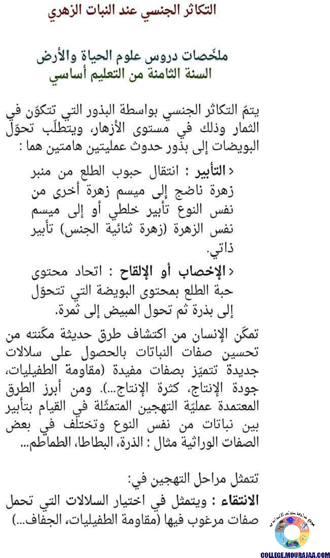 ملخصات دروس علوم الحياة و الارض سنة الثامنة