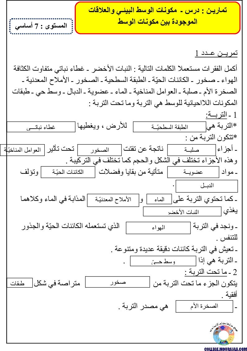 تمارين حول العلاقة بين مكونات الوسط البيئي