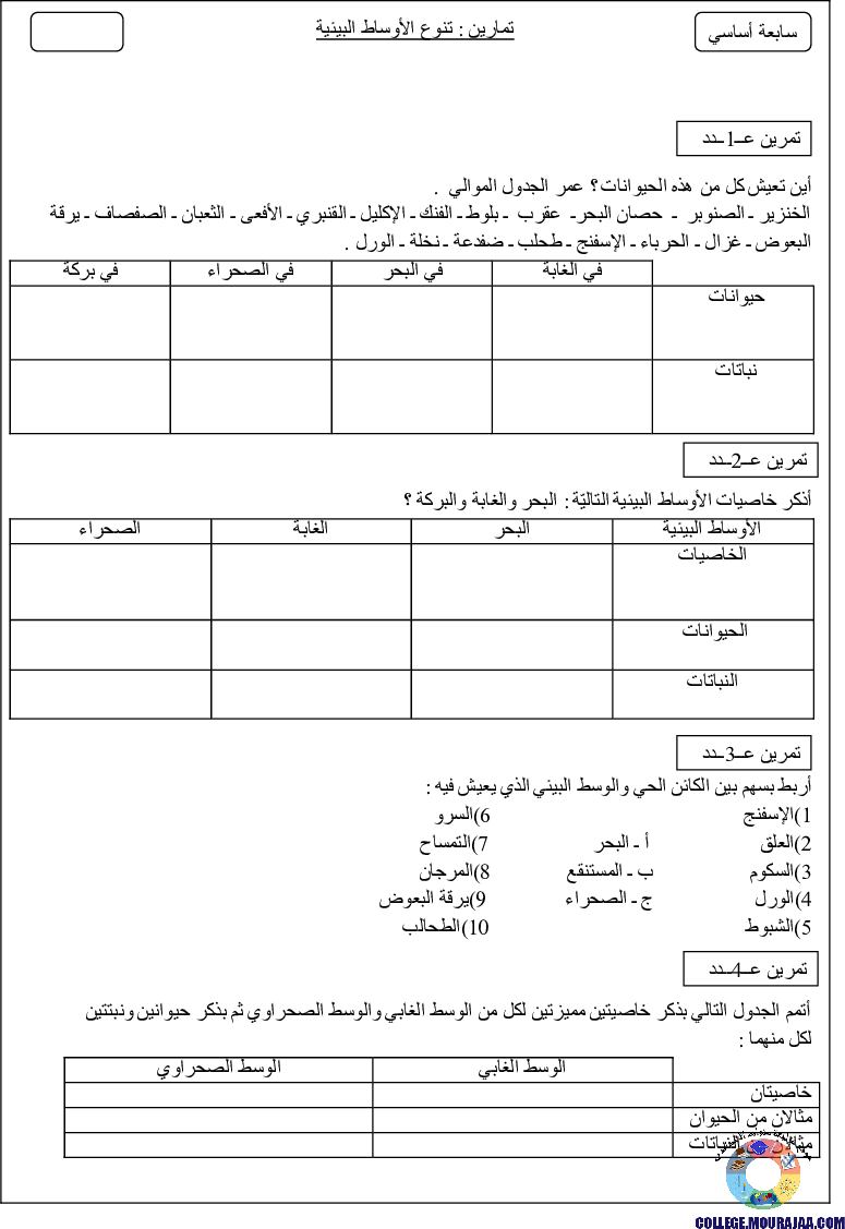 تمارين حول تنوع الاوساط البيئية