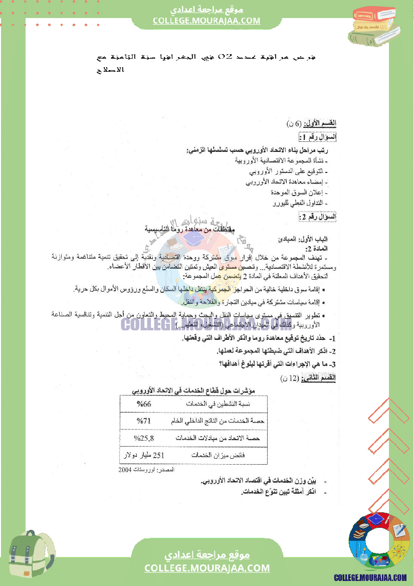 فرض مراقبة عدد 2 في الجغرافيا سنة الثامنة مع الاصلاح