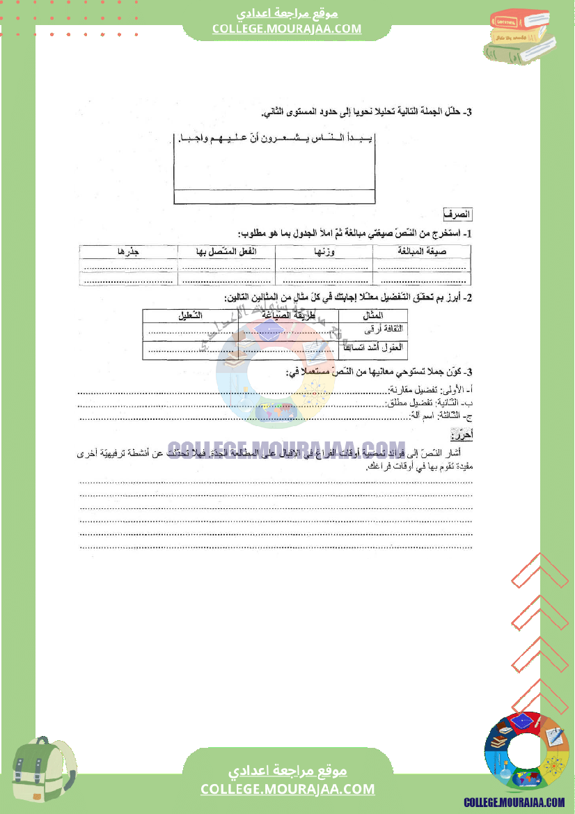 فرض تأليفي عدد 2 في دراسة النص عربية سنة الثامنة مع الاصلاح