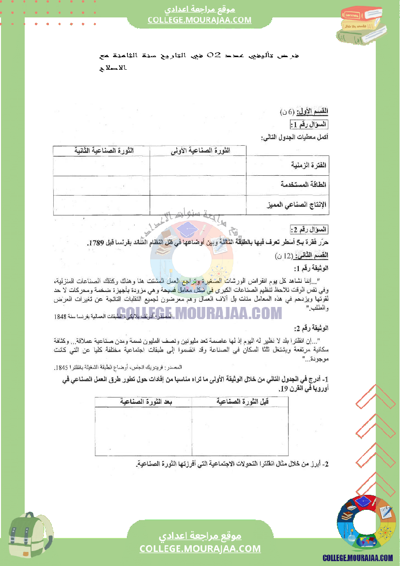 فرض تأليفي عدد2 في التاريخ سنة الثامنة مع الاصلاح