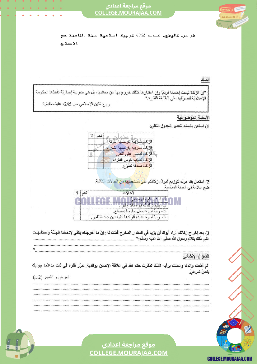 فرض تاليفي عدد 2 تربية اسلامية سنة الثامنة مع الاصلاح