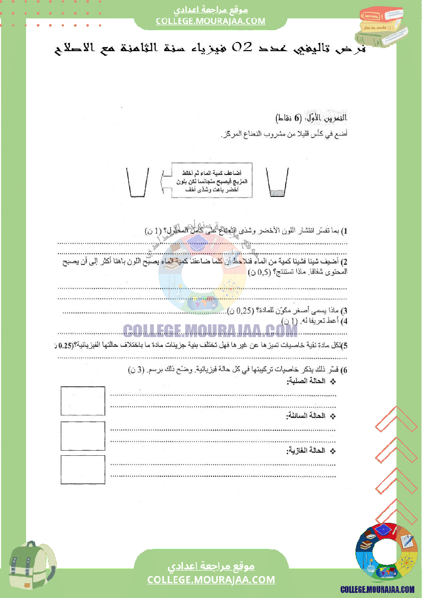 فرض تاليفي عدد 2 فيزياء سنة الثامنة مع الاصلاح