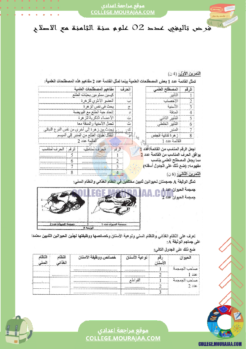 فرض تاليفي عدد 2 علوم سنة الثامنة مع الاصلاح