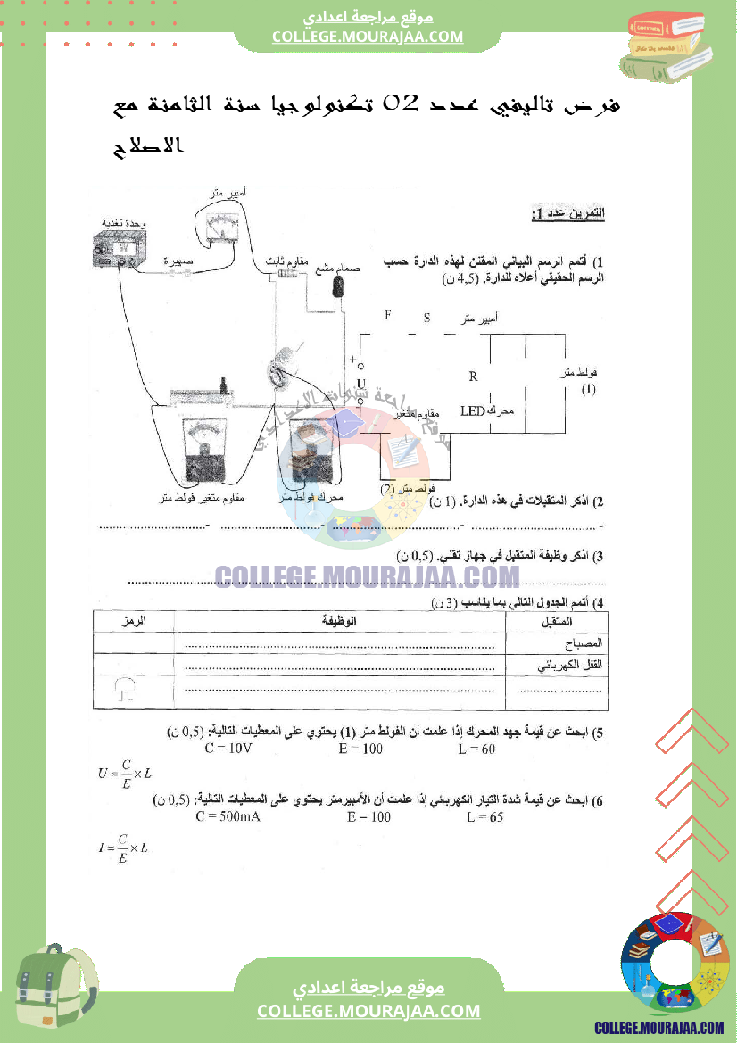 فرض تاليفي عدد 2 تكنولوجيا سنة الثامنة مع الاصلاح