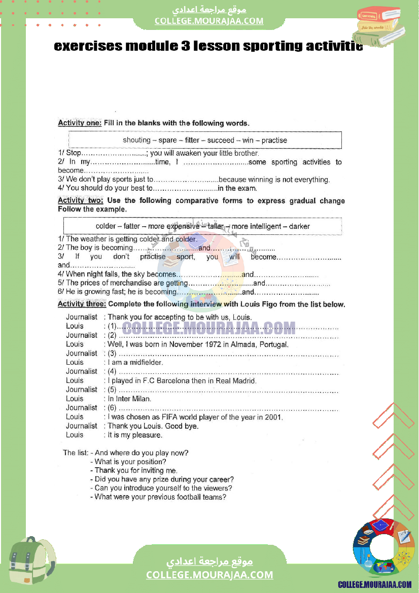 exercises module 3 lesson sporting activities