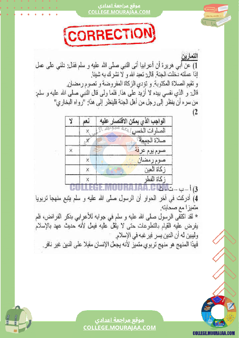 تمارين تربية اسلامية الثلاثي الثاني مع الاصلاح
