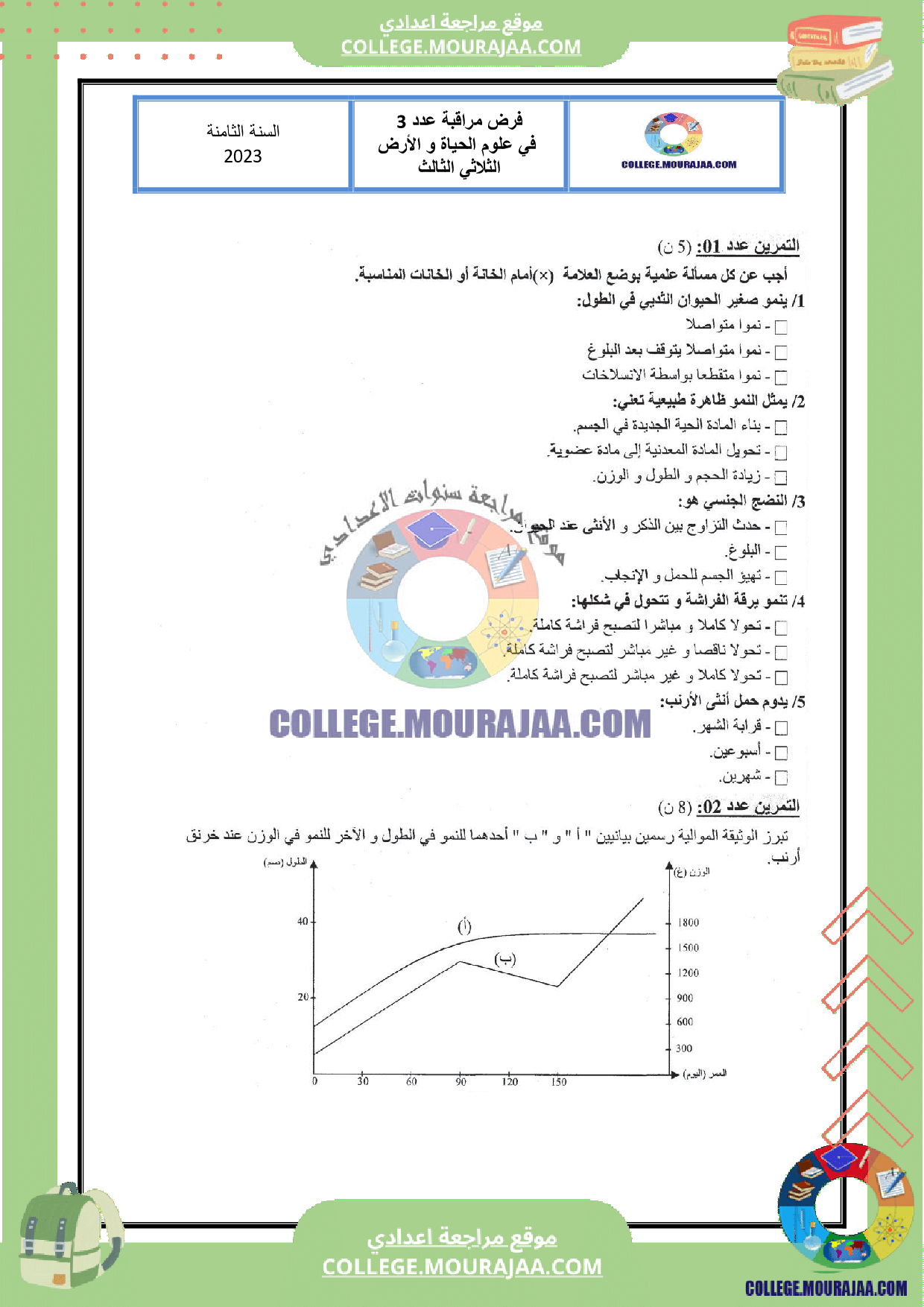 فرض مراقبة عدد 3 علوم سنة الثامنة مع الاصلاح