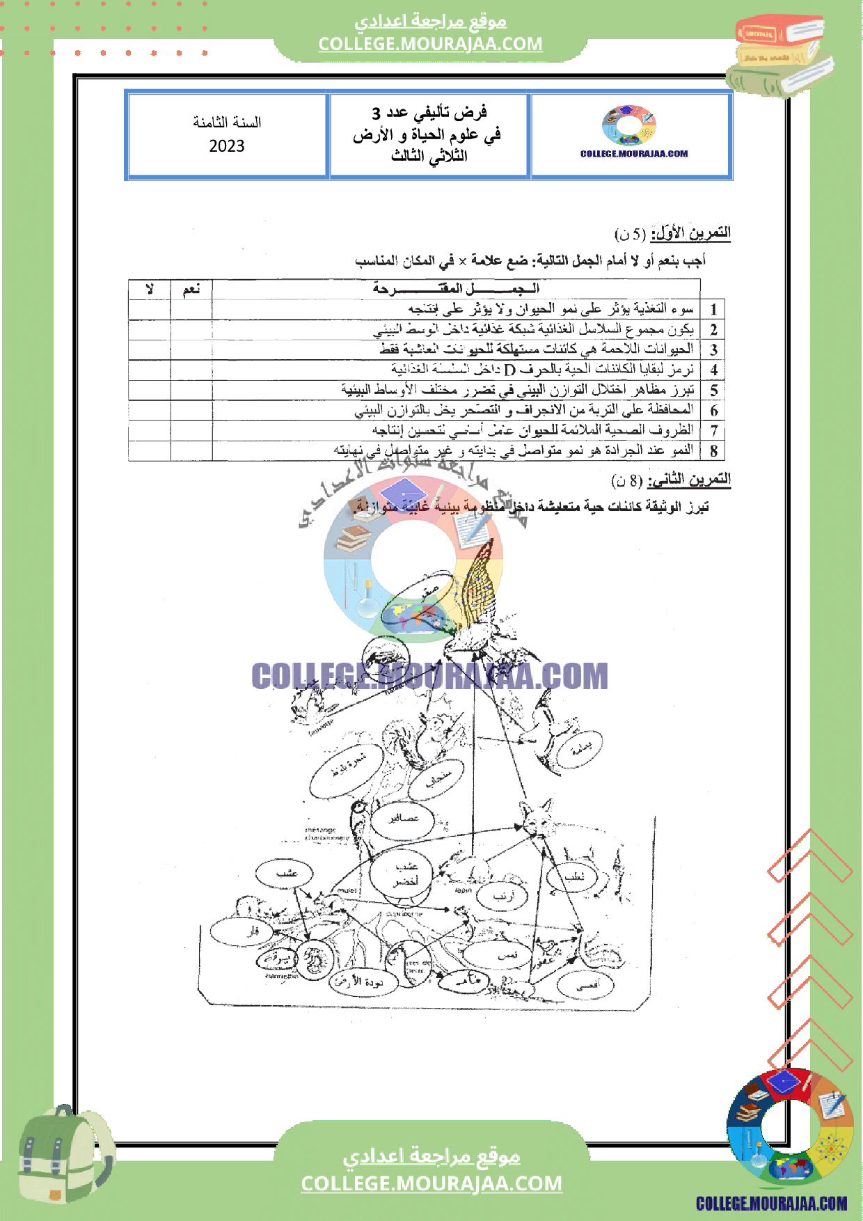 فرض تاليفي عدد 3 علوم سنة الثامنة مع الاصلاح