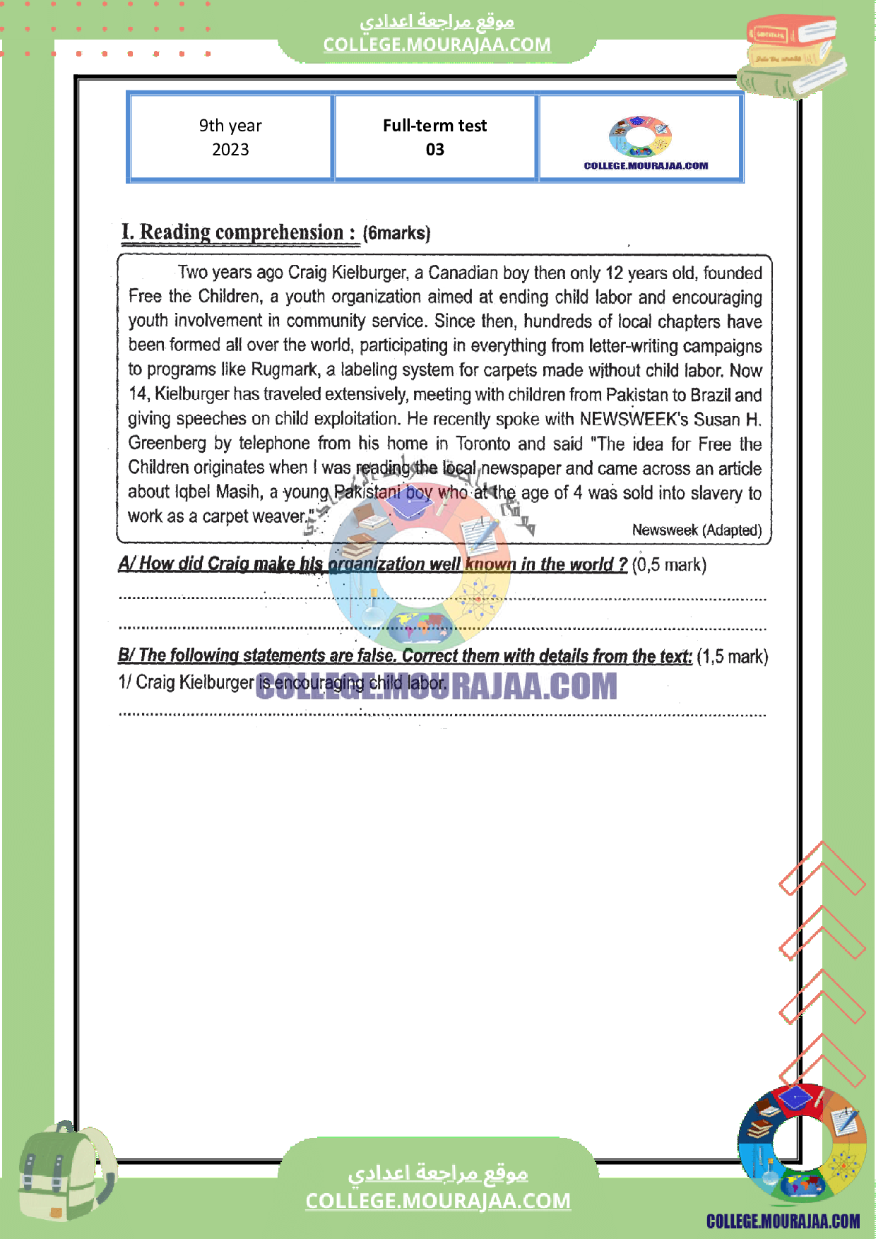 فرض تاليفي عدد 3 سنة التاسعة انقليزية