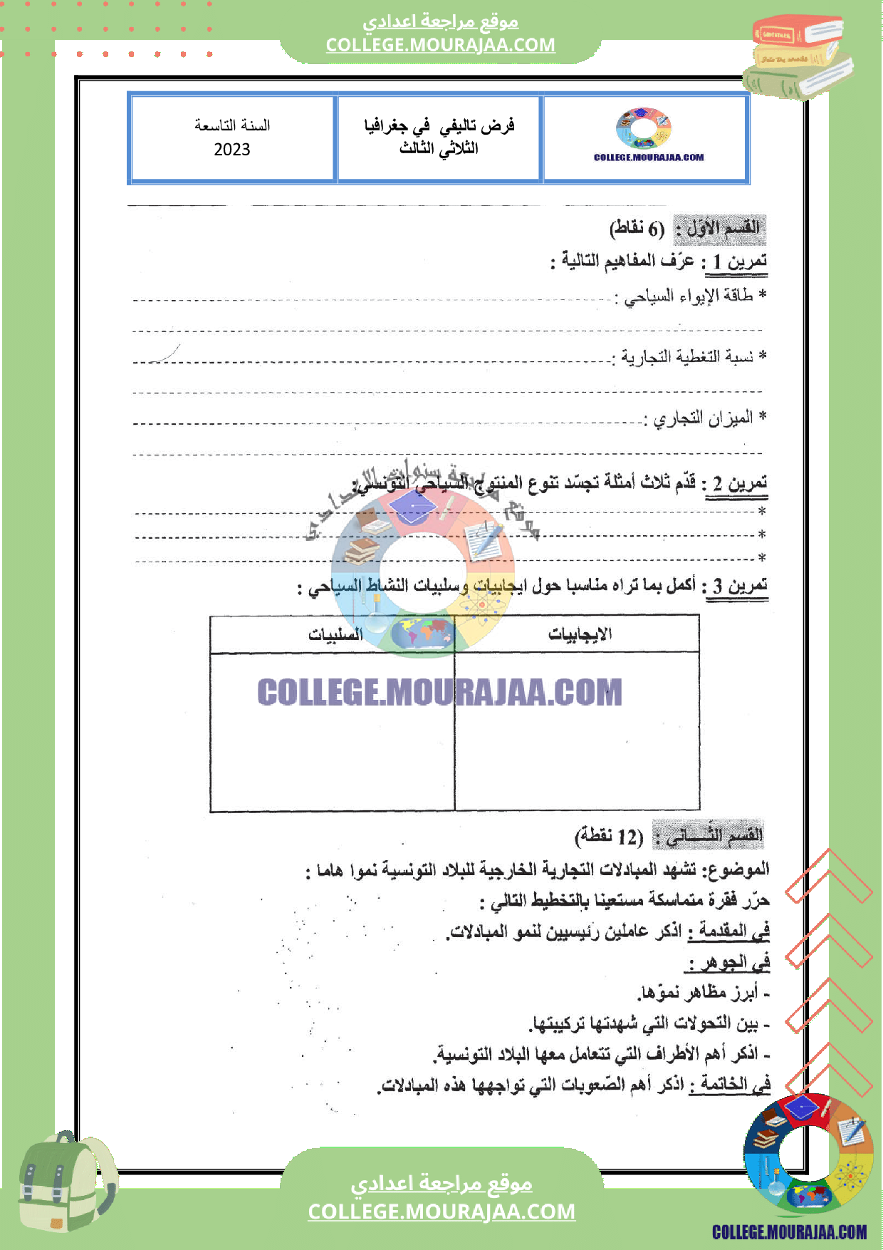 فرض تاليفي عدد 3 جغرافيا سنة التاسعة مع الاصلاح