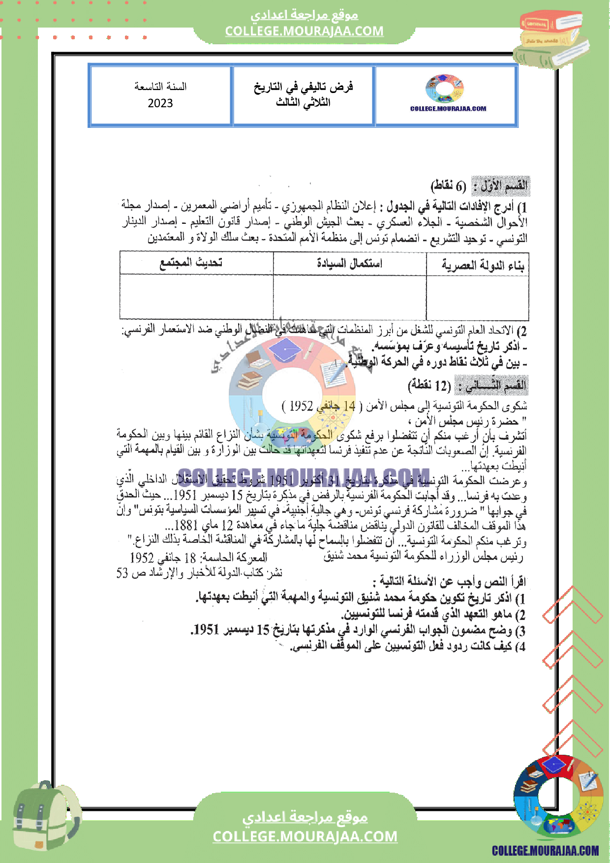 فرض تاليفي عدد 3 تاريخ سنة التاسعة مع الاصلاح