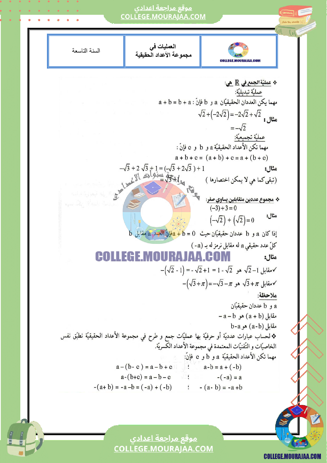 تلخيص العمليات في مجموعة الاعداد الحقيقية