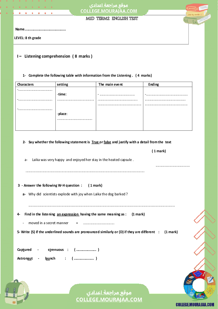 فرض مراقبة سنة الثامنة عدد2 انقليزية