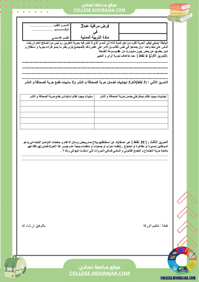 فرض مراقبة سنة التاسعة مدنية عدد2