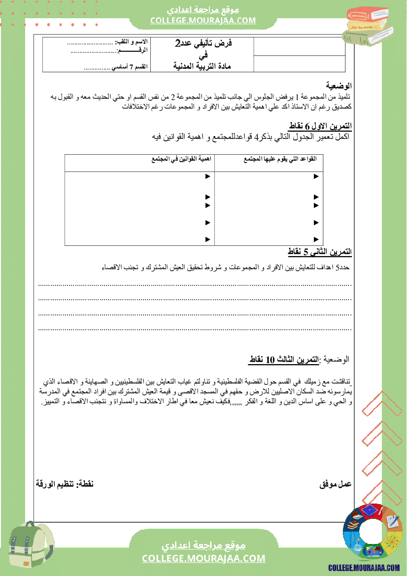 فرض تاليفي مدنية سنة السابعة الثلاثي الثاني