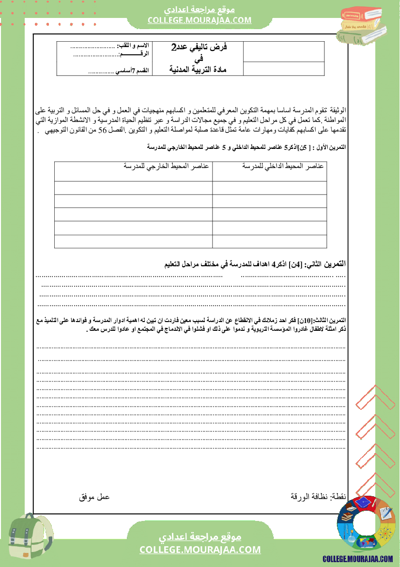 مدنية الثلاثي الثاني فرض تاليفي سنة السابعة