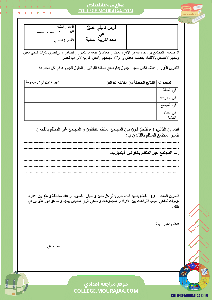 مدنية سنة السابعة الثلاثي الثاني فرض تاليفي