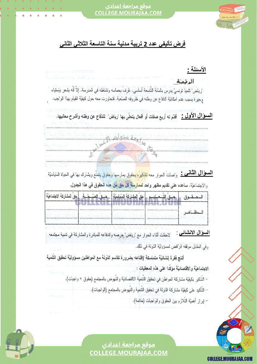 فرض تأليفي عدد 2 تربية مدنية سنة التاسعة الثلاثي الثاني
