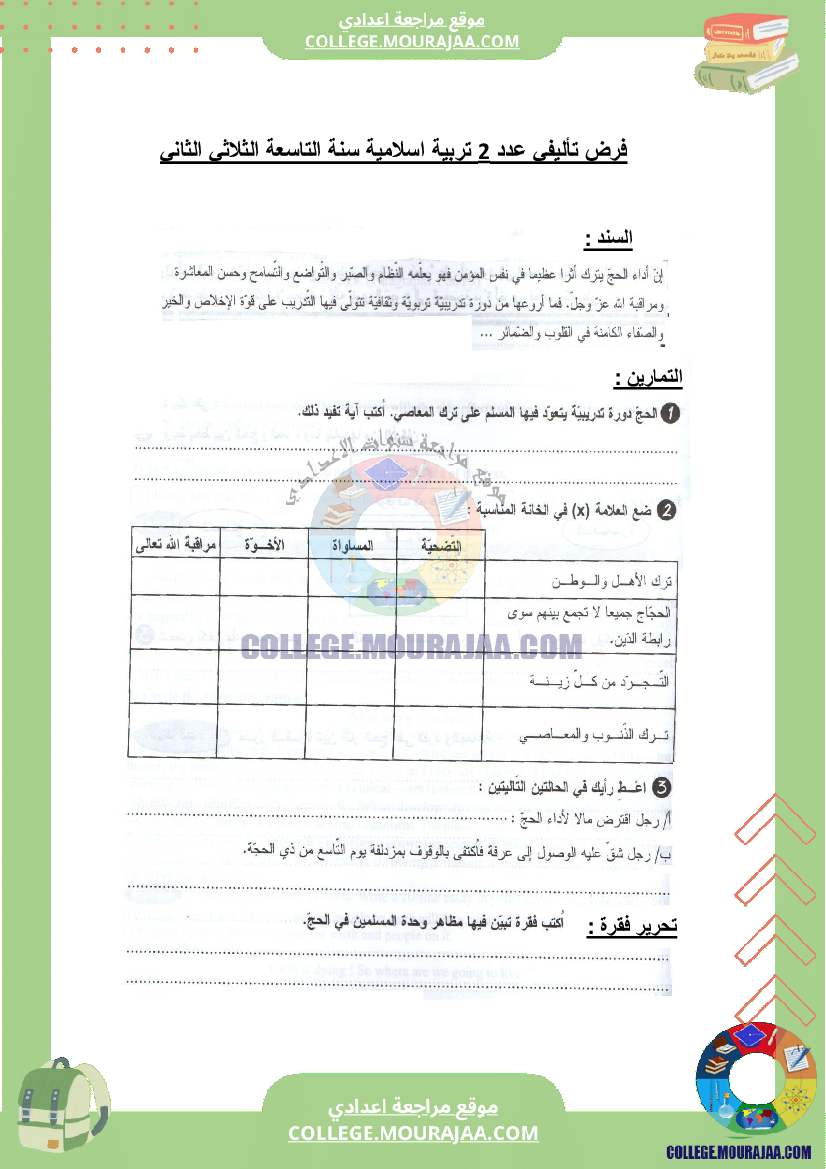 فرض تأليفي عدد 2 تربية اسلامية سنة التاسعة الثلاثي الثاني
