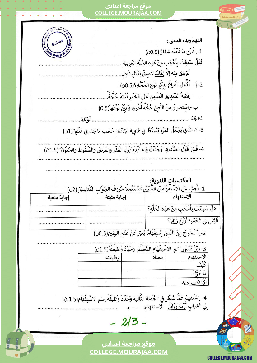 فرض مراقبة عدد 2 في دراسة النص للسنوات التاسعة نموذجي 