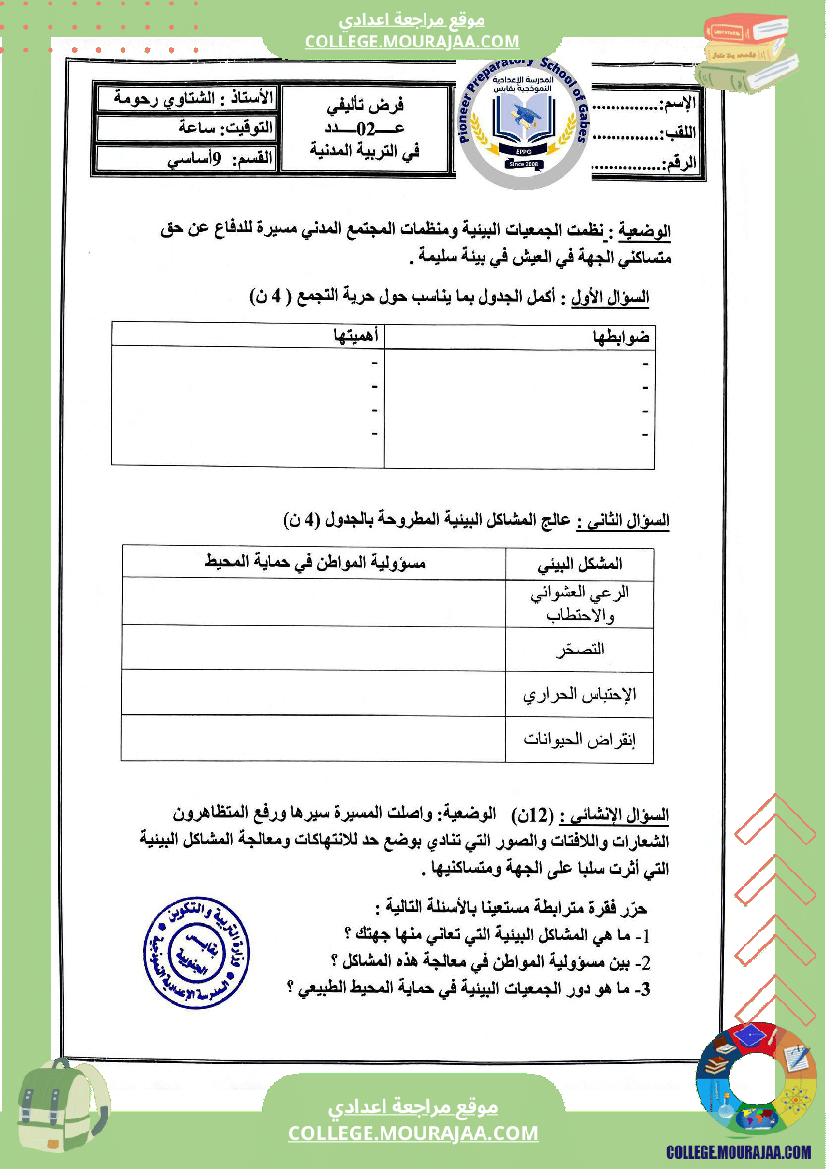 الفرض التأليفي الثاني في التربية المدنية للسنوات التاسعة نموذجي
