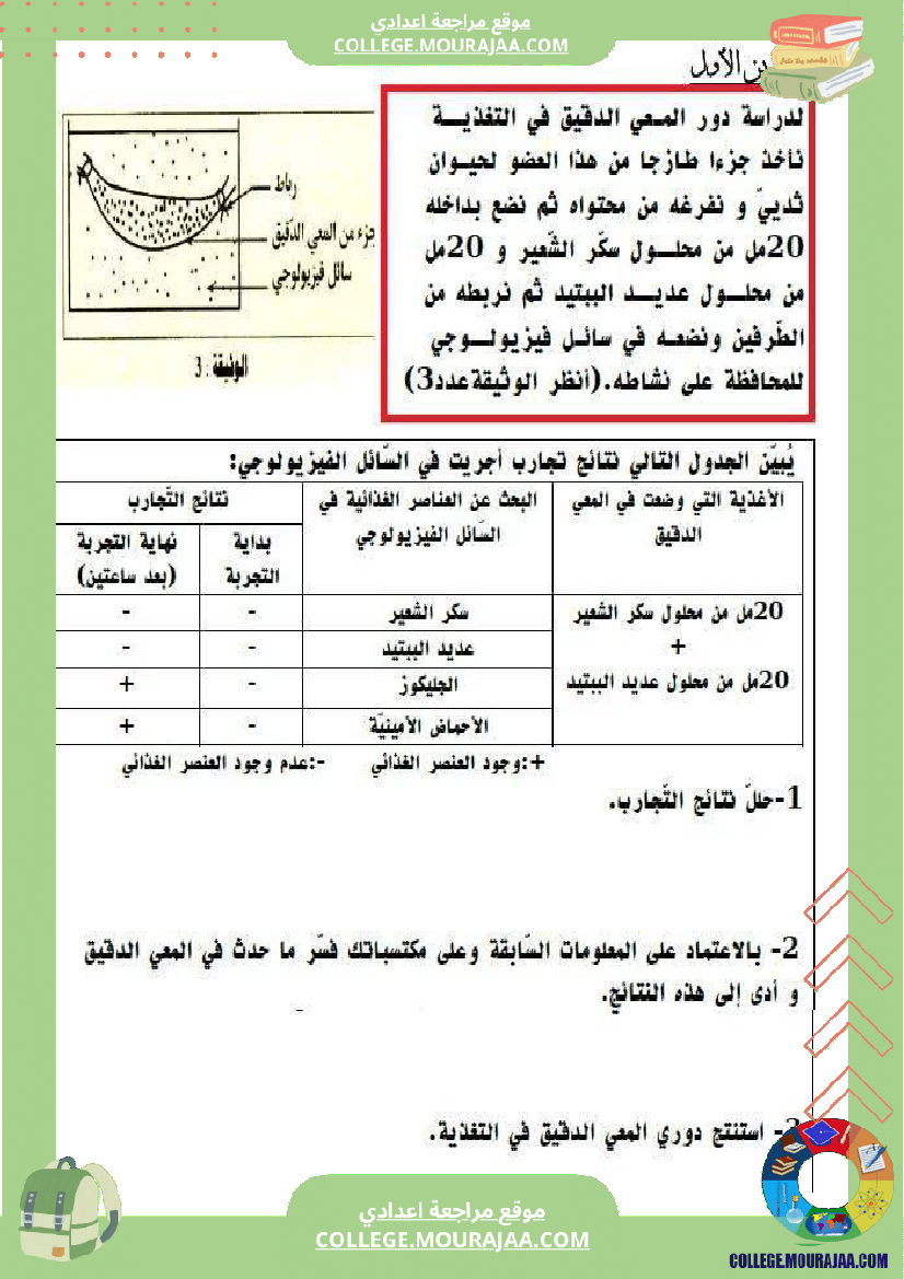 تمارين علوم الحياة و الأرض 9 أساسي حول الهضم والإمتصاص