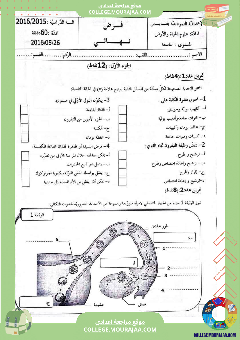 تمارين مراجعة لمحوري الاخراج و التكاثر لتلاميذ السنة التاسعة أساسي