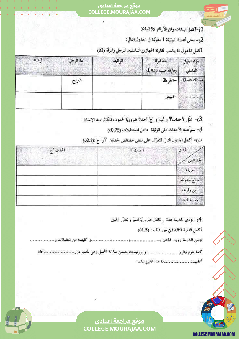 تمارين مراجعة لمحوري الاخراج و التكاثر لتلاميذ السنة التاسعة أساسي