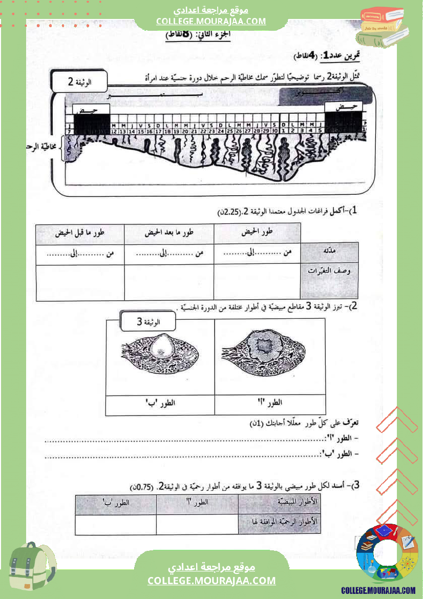 تمارين مراجعة لمحوري الاخراج و التكاثر لتلاميذ السنة التاسعة أساسي