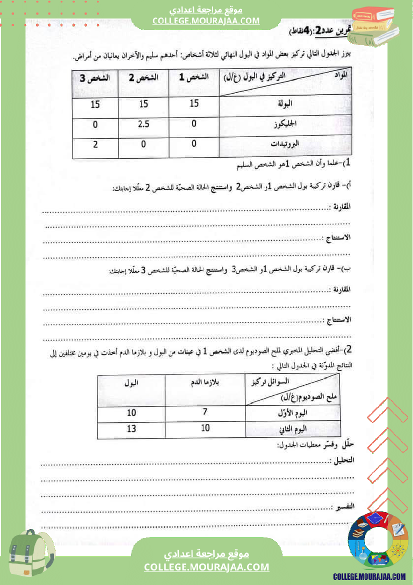 تمارين مراجعة لمحوري الاخراج و التكاثر لتلاميذ السنة التاسعة أساسي