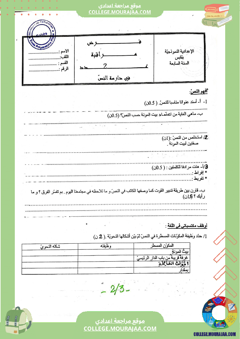 فرض مراقبة عدد 2 في دراسة النص للسنوات السابعة نموذجي 1