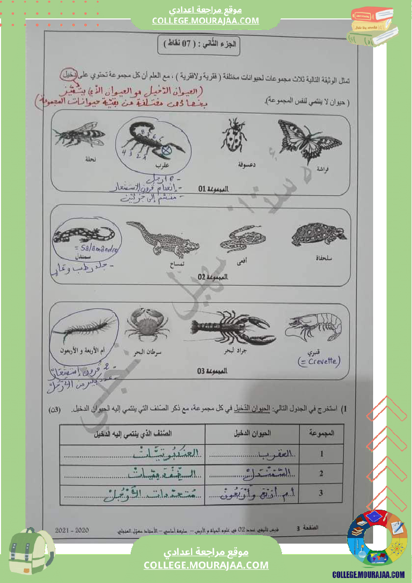 إصلاح الفرض التأليفي عدد2 في علوم الحياة والأرض لتلاميذ السنة السابعة أساسي