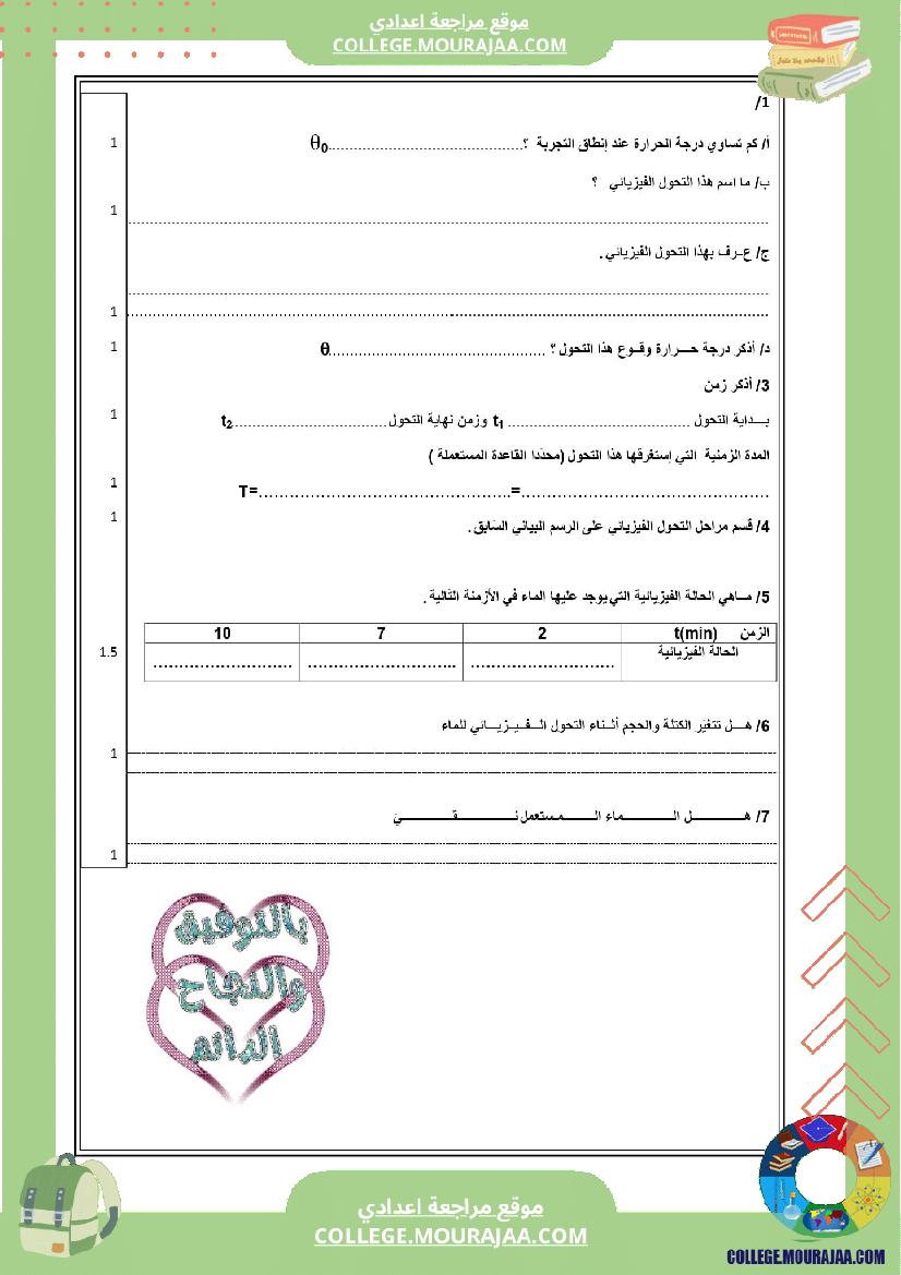 السنة السابعة علوم فيزيائية مراجعة للفرض التأليفي عــــ 02 ـــدد درس التجمد و الانصهار تمارين