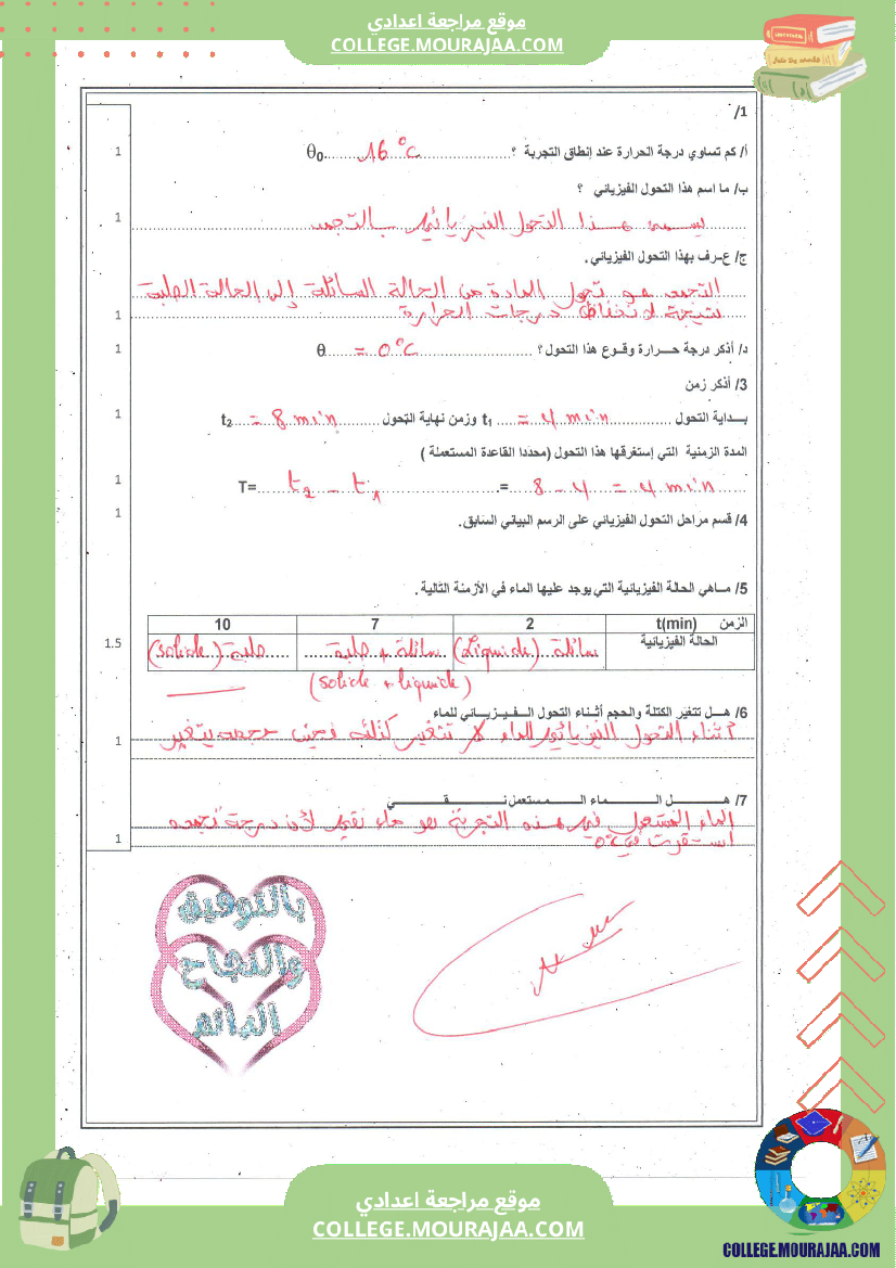 السنة السابعة علوم فيزيائية مراجعة للفرض التأليفي عــــ 02 ـــدد درس التجمد و الانصهار تمارين
