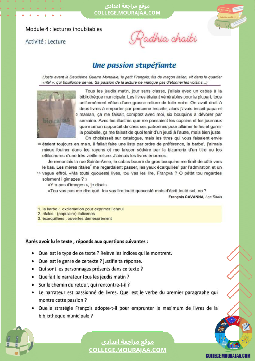 francais 8 eme module 4 lectures inoubliables merci infiniment pour l auteur de ce travail