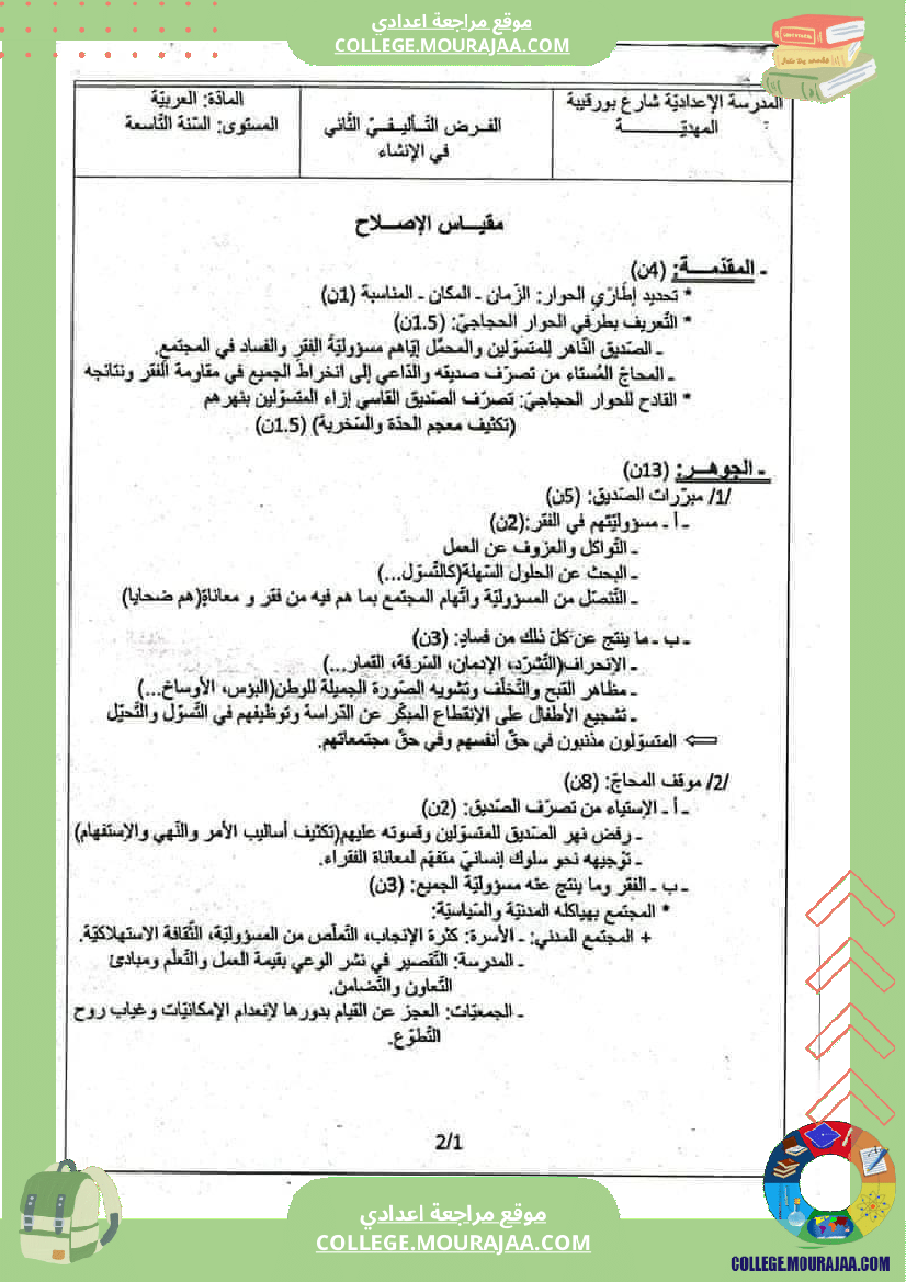 نماذج من فروض تأليفية عدد 2 في الإنتاج الكتابي تاسعة عربية