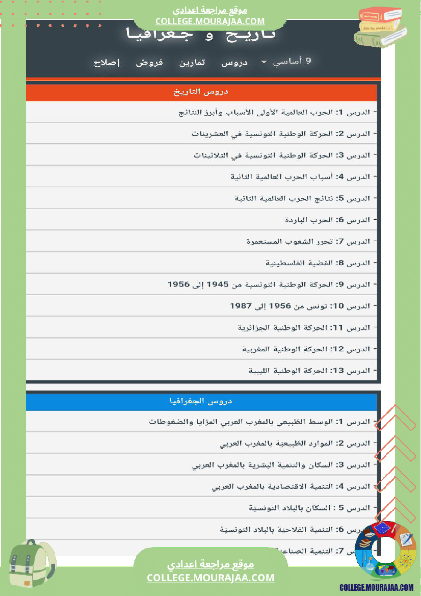 تلاخيص في التاريخ و الجغرافية للسنة التاسعة أساسي مع فروض و اصلاح  revision histoire ge