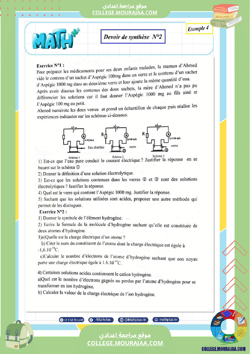 التاسعة اساسي physique pilote synthese 2 تلخيص للدروس تمارين تطبيقية فروض