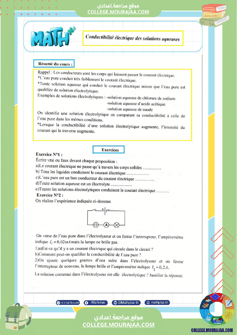 التاسعة اساسي physique pilote synthese 2 تلخيص للدروس تمارين تطبيقية فروض