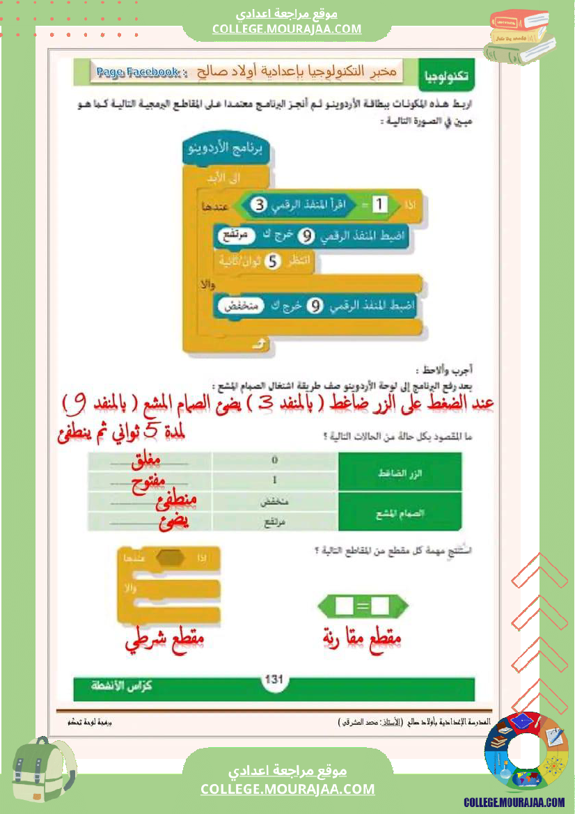 برمجة لوحة التحكم أردوينو  لمستوى 7 أساسي  مخبر التكنولوجيا ب